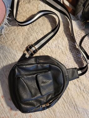 Black Leather Belt Bag with Striped Adjustable Strap